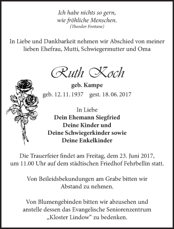 Traueranzeige von Ruth Koch von Märkische Oderzeitung