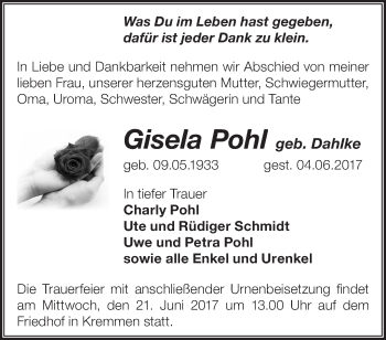 Traueranzeige von Gisela Pohl von Märkische Oderzeitung