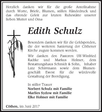 Traueranzeige von Edith Schulz von Märkische Oderzeitung