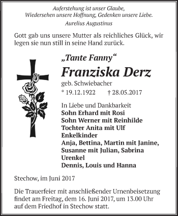 Traueranzeige von Franziska Derz von Märkische Oderzeitung