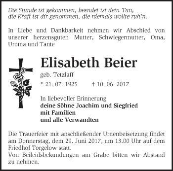 Traueranzeige von Elisabeth Beier von Märkische Oderzeitung