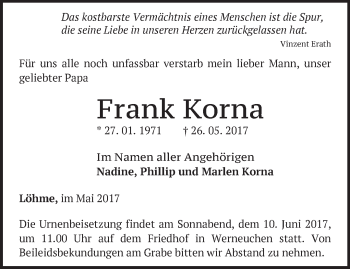 Traueranzeige von Frank Korna von Märkische Oderzeitung