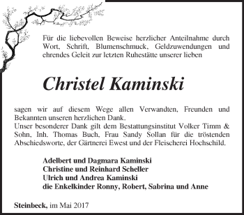 Traueranzeige von Christel Kaminski von Märkische Oderzeitung