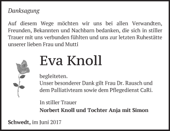 Traueranzeige von Eva Knoll von Märkische Oderzeitung