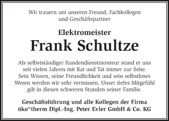 Traueranzeige von Frank Schultze von Märkische Oderzeitung