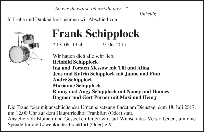  Traueranzeige für Frank Schipplock vom 24.06.2017 aus Märkische Oderzeitung