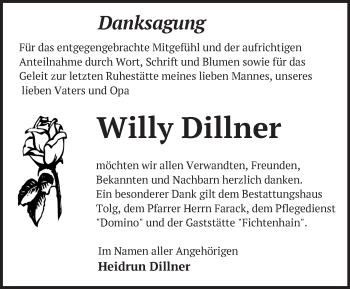 Traueranzeige von Willy Dillner von Märkische Oderzeitung