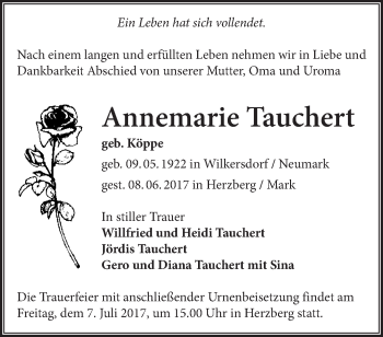 Traueranzeige von Annemarie Tauchert von Märkische Oderzeitung