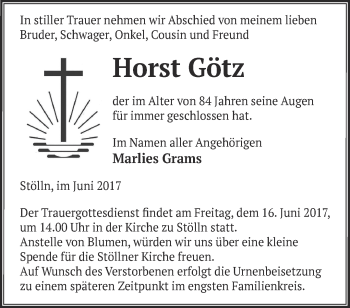 Traueranzeige von Horst Götz von Märkische Oderzeitung