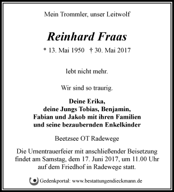 Traueranzeige von Reinhard Fraas von Märkische Oderzeitung