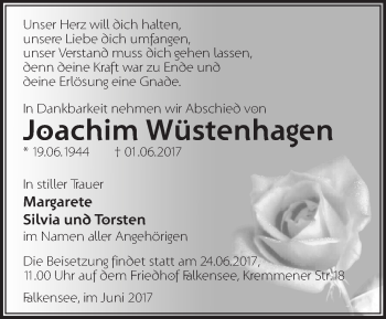 Traueranzeige von Joachim Wüstenhagen von Märkische Oderzeitung