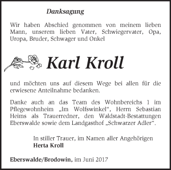 Traueranzeige von Karl Kroll von Märkische Oderzeitung