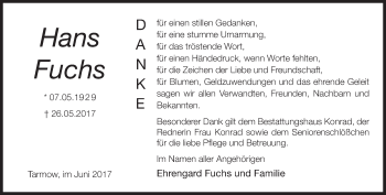 Traueranzeige von Hans Fuchs von Märkische Oderzeitung