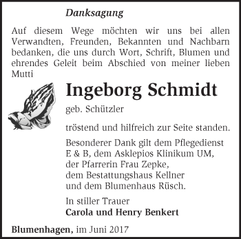 Traueranzeige von Ingeborg Schmidt von Märkische Oderzeitung