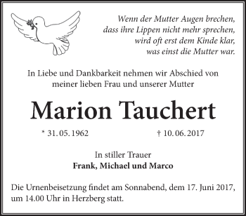 Traueranzeige von Marion Tauchert von Märkische Oderzeitung