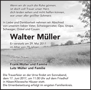 Traueranzeige von Walter Müller von Märkische Oderzeitung