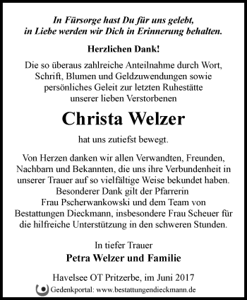 Traueranzeige von Christa Welzer von Märkische Oderzeitung