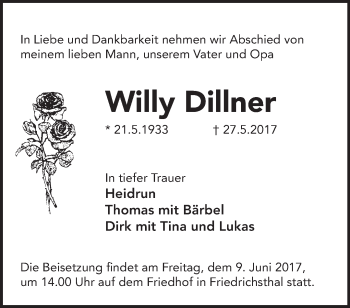 Traueranzeige von Willy Dillner von Märkische Oderzeitung