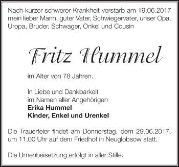 Traueranzeige von Fritz Hummel von Märkische Oderzeitung