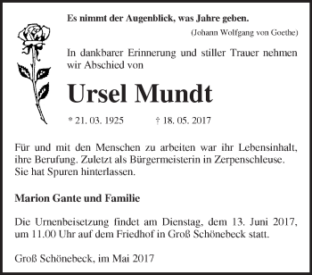 Traueranzeige von Ursel Mundt von Märkische Oderzeitung