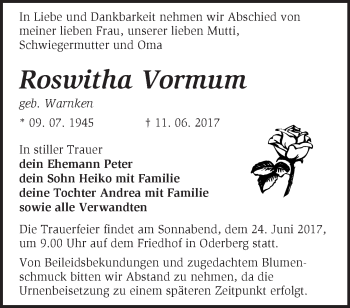 Traueranzeige von Roswitha Vormum von Märkische Oderzeitung