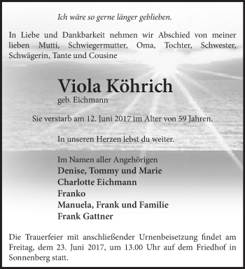 Traueranzeige von Viola Köhrich von Märkische Oderzeitung