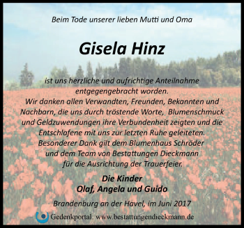 Traueranzeige von Gisela Hinz von Märkische Oderzeitung