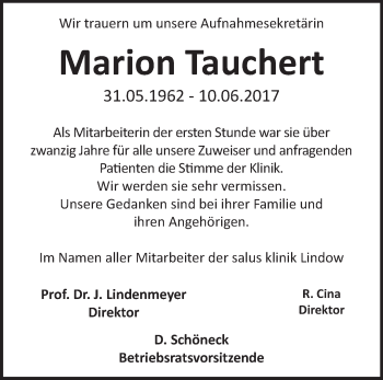 Traueranzeige von Marion Tauchert von Märkische Oderzeitung