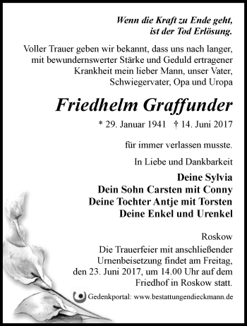 Traueranzeige von Friedhelm Grafunder von Märkische Oderzeitung