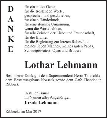 Traueranzeige von Lothar Lehmann von Märkische Oderzeitung