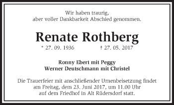 Traueranzeige von Renate Rothberg von Märkische Oderzeitung