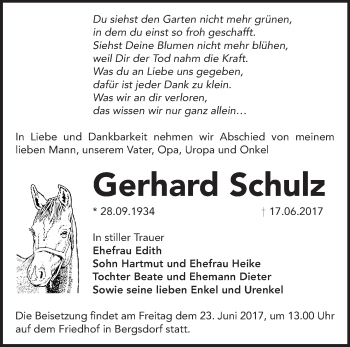 Traueranzeige von Gerhard Schulz von Märkische Oderzeitung