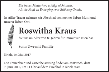 Traueranzeige von Roswitha Kraus von Märkische Oderzeitung