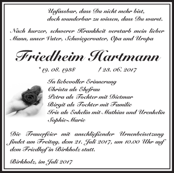 Traueranzeige von Friedheim Hartmann von Märkische Oderzeitung