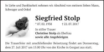 Traueranzeige von Siegfried Stolp von Märkische Oderzeitung