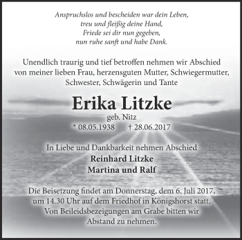 Traueranzeige von Erika Litzke von Märkische Oderzeitung