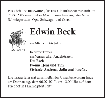 Traueranzeige von Edwin Beck von Märkische Oderzeitung