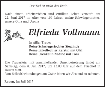 Traueranzeige von Elfrieda Vollmann von Märkische Oderzeitung