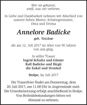 Traueranzeige von Annelore Badicke von Märkische Oderzeitung