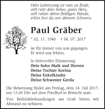 Traueranzeige von Paul Gräber von Märkische Oderzeitung