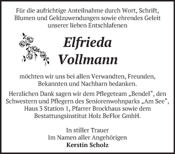 Traueranzeige von Elfrieda Vollmann von Märkische Oderzeitung