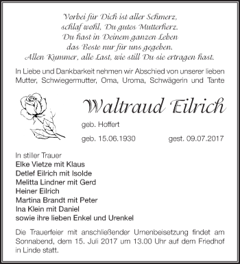 Traueranzeige von Waltraud Eilrich von Märkische Oderzeitung