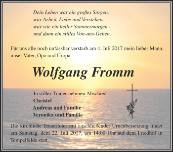 Traueranzeige von Wolfgang Fromm von Märkische Oderzeitung