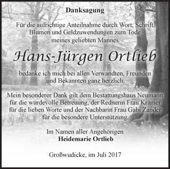 Traueranzeige von Hans-Jürgen Ortlieb von Märkische Oderzeitung