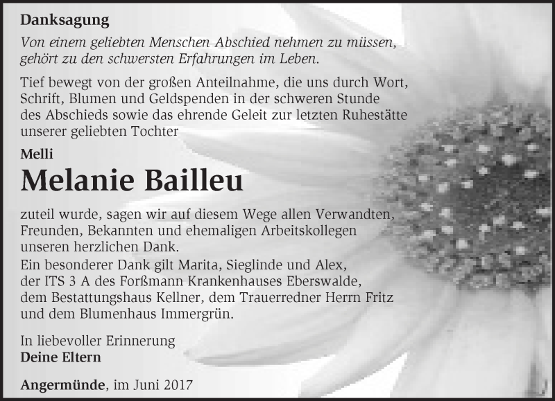  Traueranzeige für Melanie Bailleu vom 02.07.2017 aus Märkische Oderzeitung