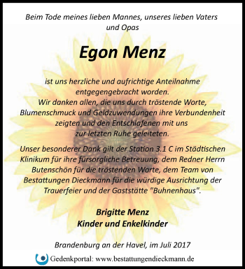 Traueranzeige von Egon Menz von Märkische Oderzeitung