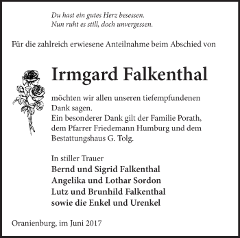 Traueranzeige von Irmgard Falkenthal von Märkische Oderzeitung