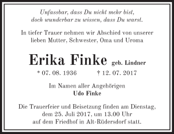 Traueranzeige von Erika Finke von Märkische Oderzeitung