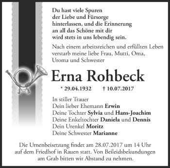 Traueranzeige von Erna Rohheck von Märkische Oderzeitung