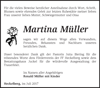 Traueranzeige von Martina Müller von Märkische Oderzeitung